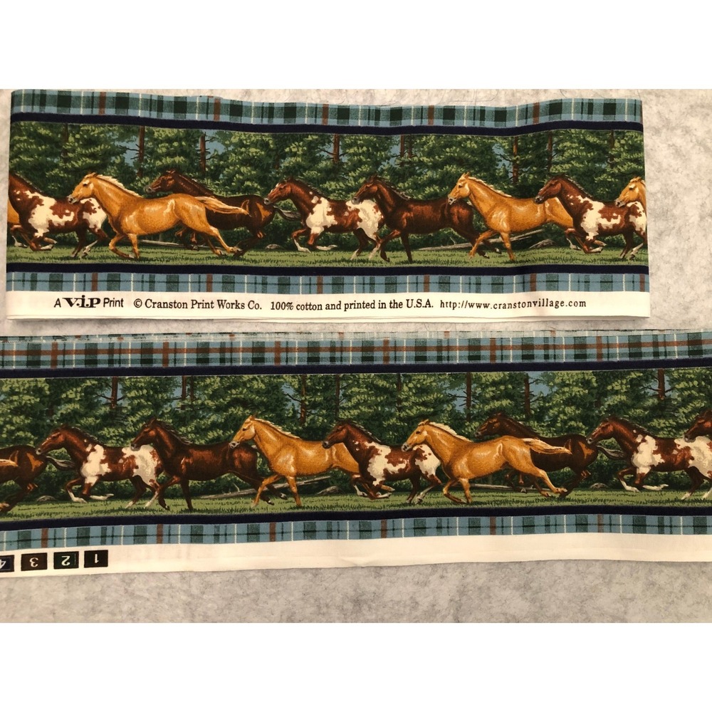 VTG Cranston VIP Print Horse Border Fabric 100% Cotton Plaid Trim 2 Strips USA